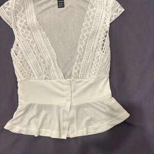 SHEIN White Lace Peplum Button-Front Top